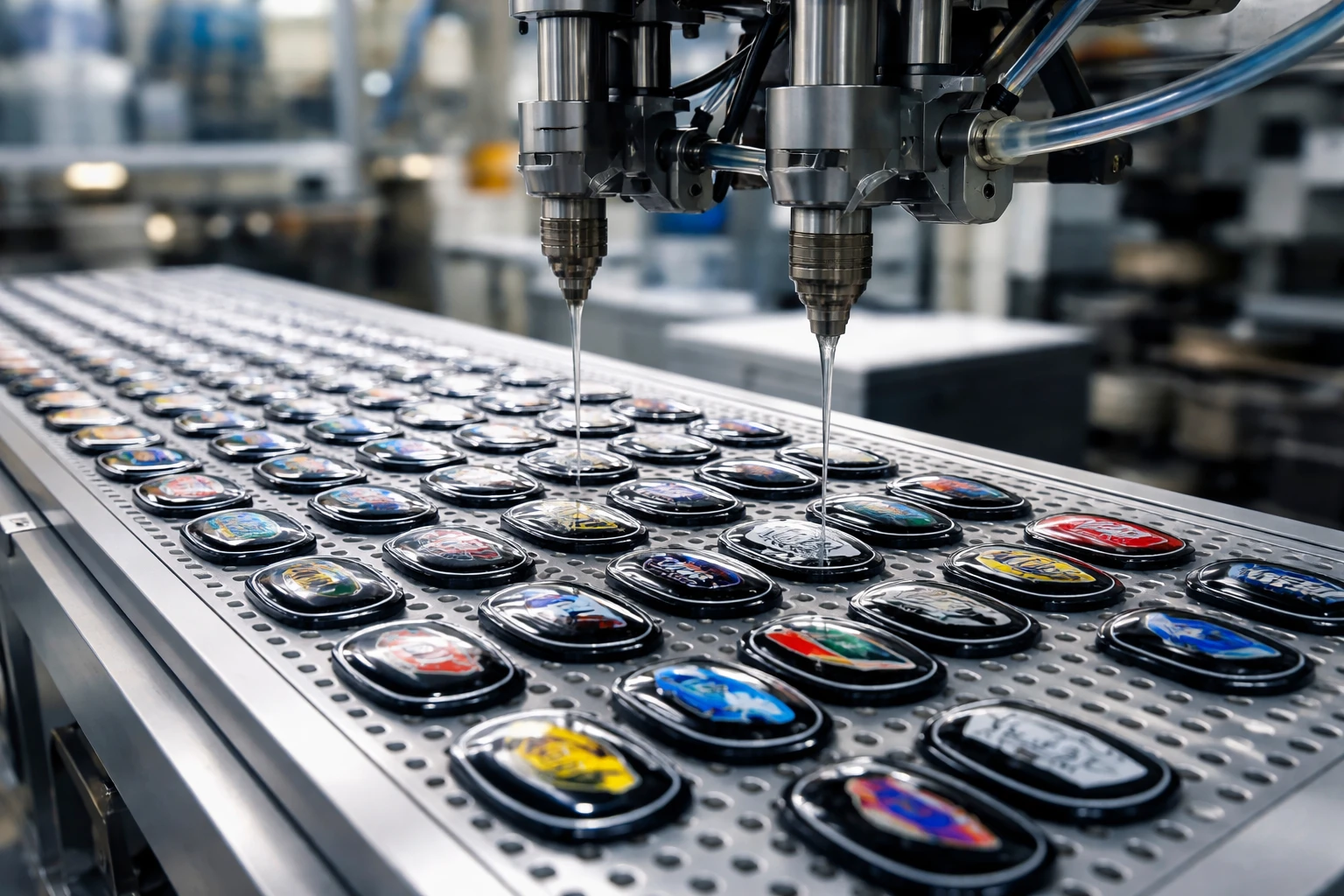 Custom plastic emblems being produced by a custom plastic emblems manufacturer at King Epoxy Emblem Co., Ltd for durable product branding.